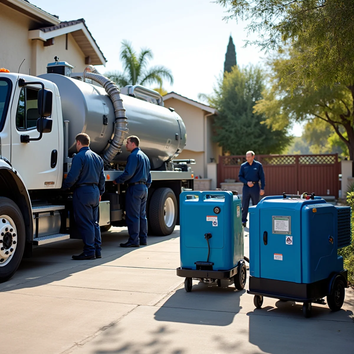 Truck-mounted extractor, LGR dehumidifiers and air movers staged for a Redwood City job