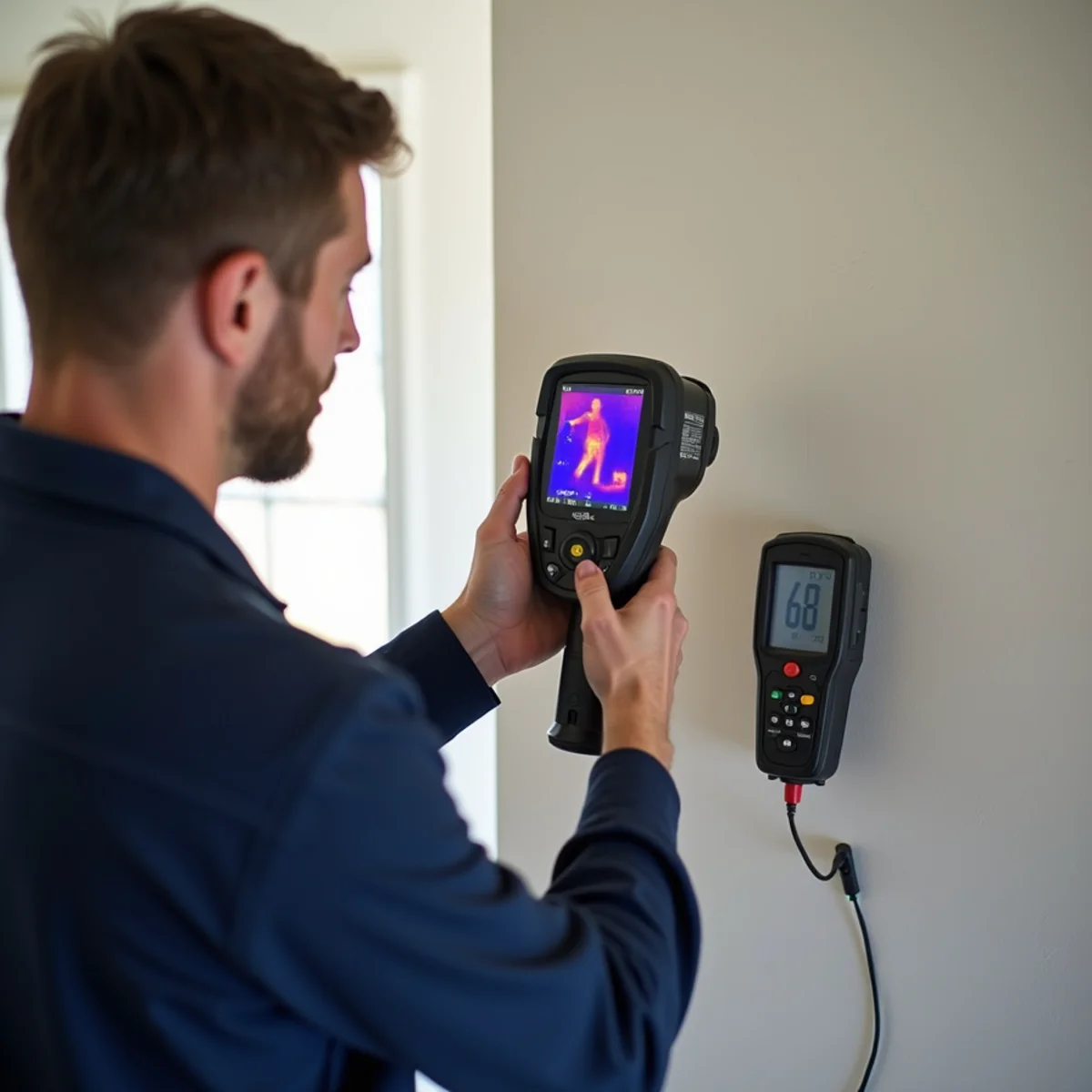 IICRC-certified technician using a thermal camera and moisture meter in a Redwood City home