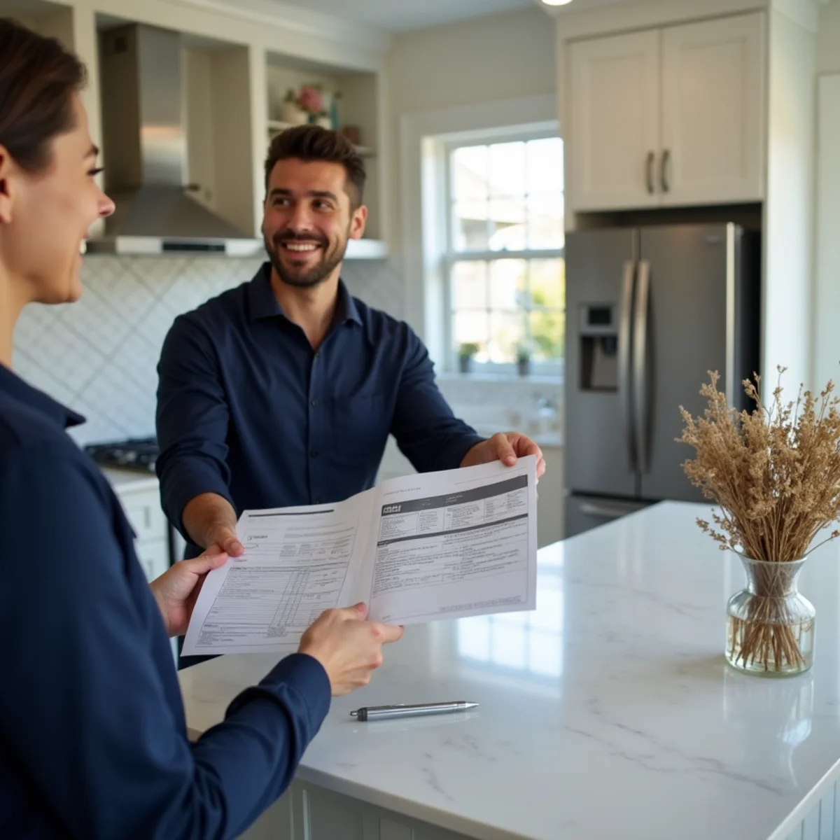 Project manager handing a completed moisture log and photo record to a Redwood City homeowner
