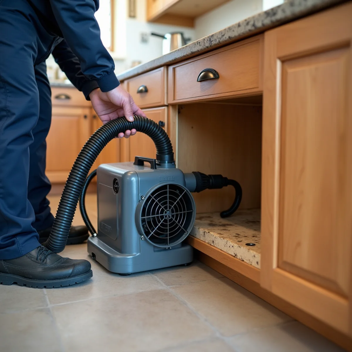 Kitchen cabinet base vented and dried after an appliance leak in Redwood City