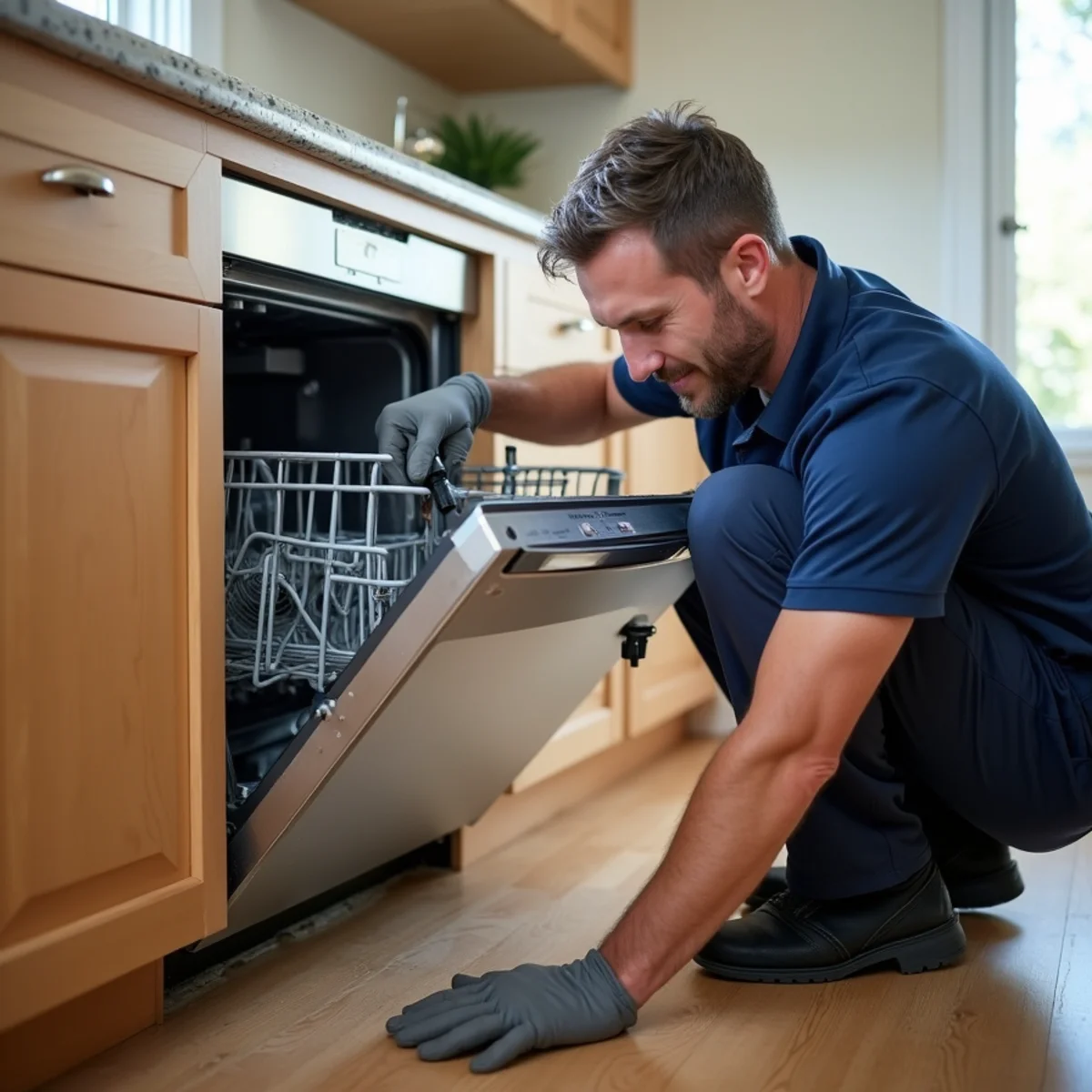 Technician drying water damage under kitchen cabinets after a dishwasher leak in Redwood City