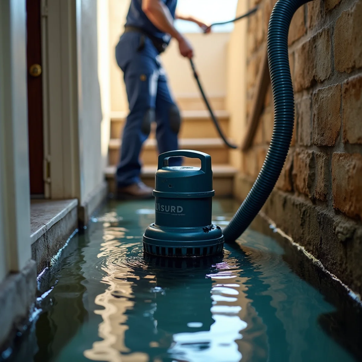Submersible pump removing standing water from a below-grade Redwood City space