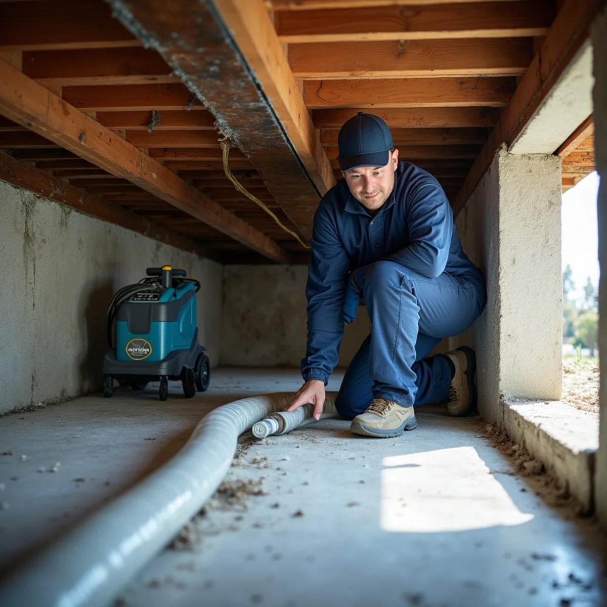 Crawl space drying equipment and new vapour barrier under a Redwood City home