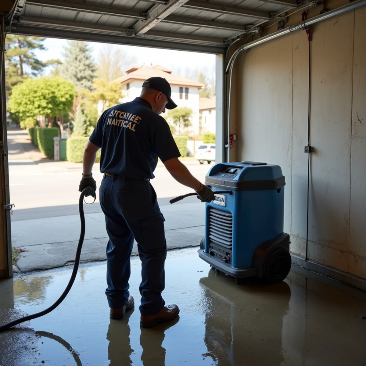 Submersible pump removing standing water from a flooded Redwood City basement