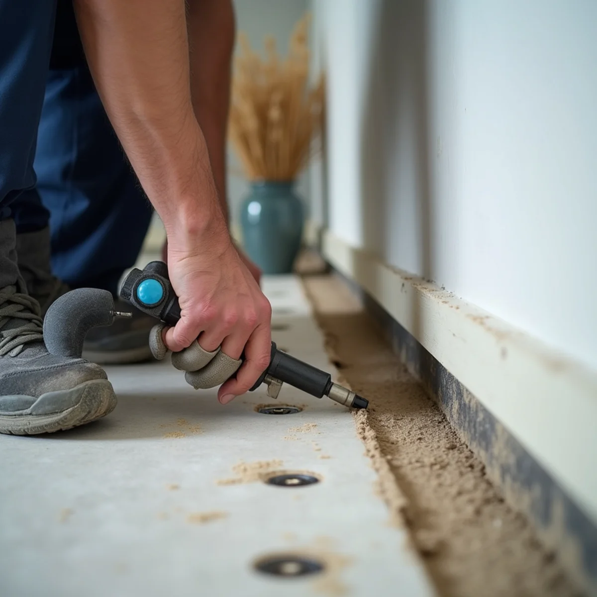 Baseboard removed and small inspection holes drilled for cavity access
