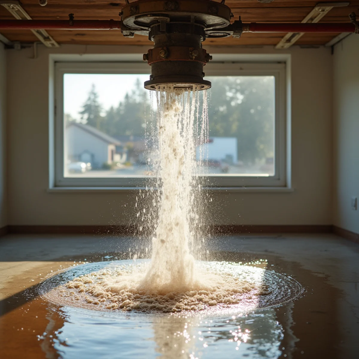 Activated fire sprinkler head releasing water into a commercial suite