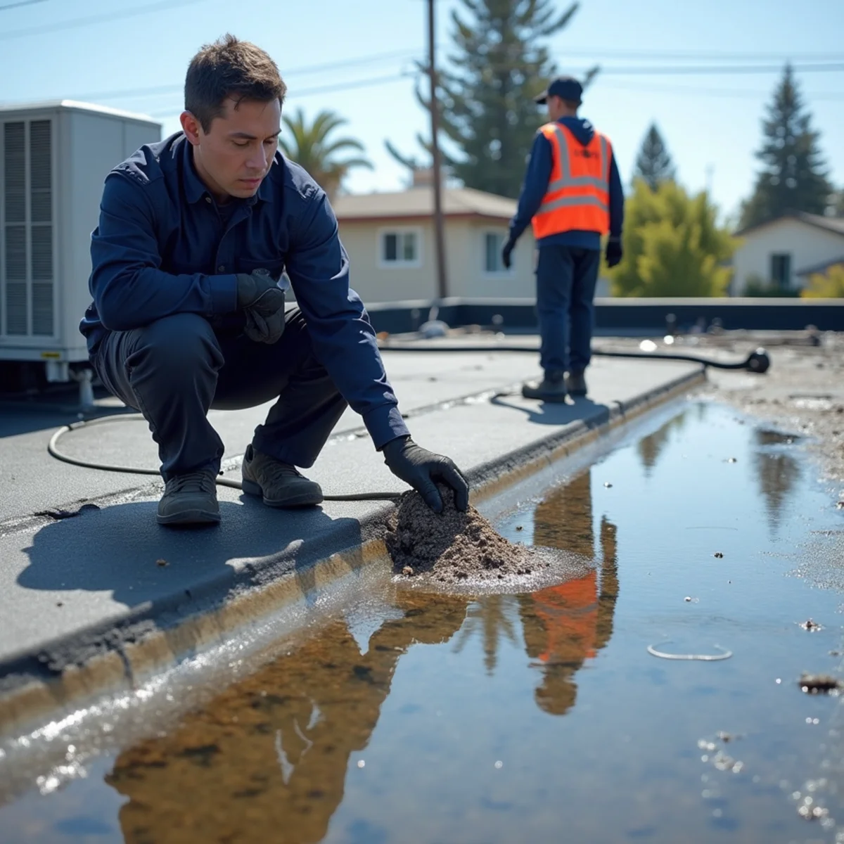 Ponding water at a seam on a commercial flat roof in Redwood City