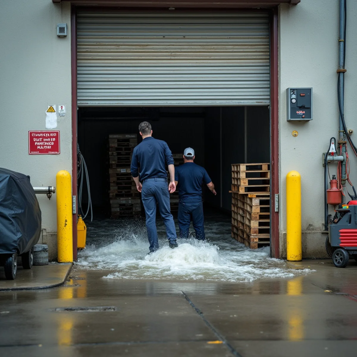 Storm water entering a commercial loading bay during heavy rain