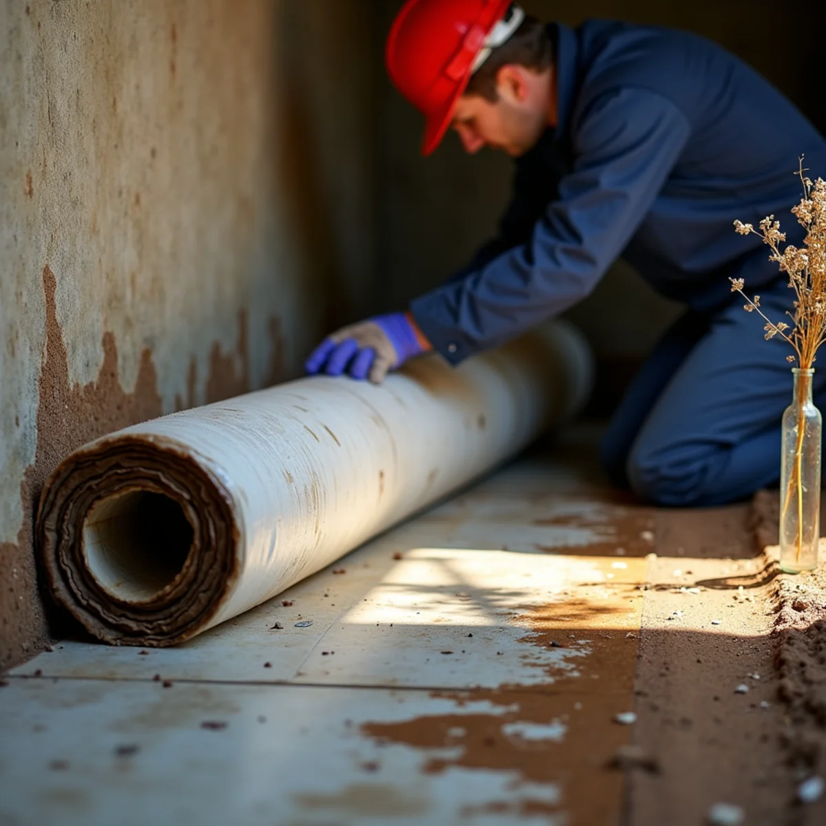 Contaminated crawl space vapour barrier being removed