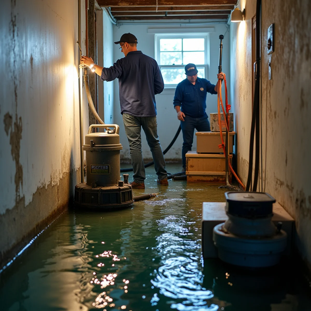 Submersible pump removing standing water from a flooded lower level in Redwood City