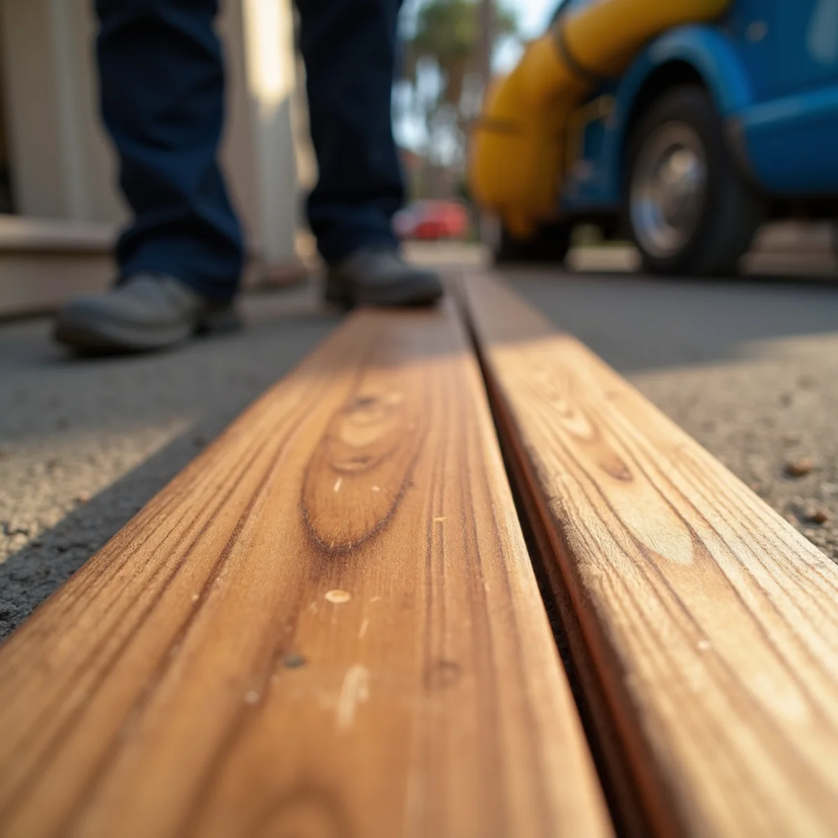 Raking light showing cupped edges on a water-damaged hardwood floor