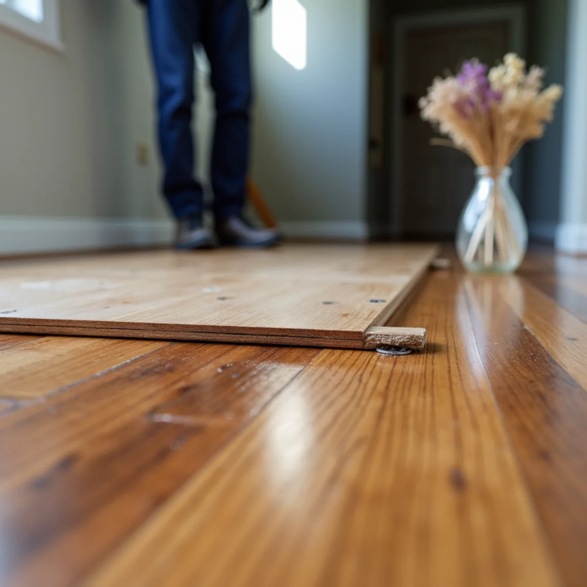 Hardwood boards buckled and lifted away from the subfloor