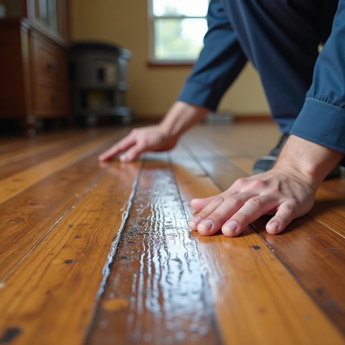 Dark tannin staining along the seams of a water-damaged wood floor