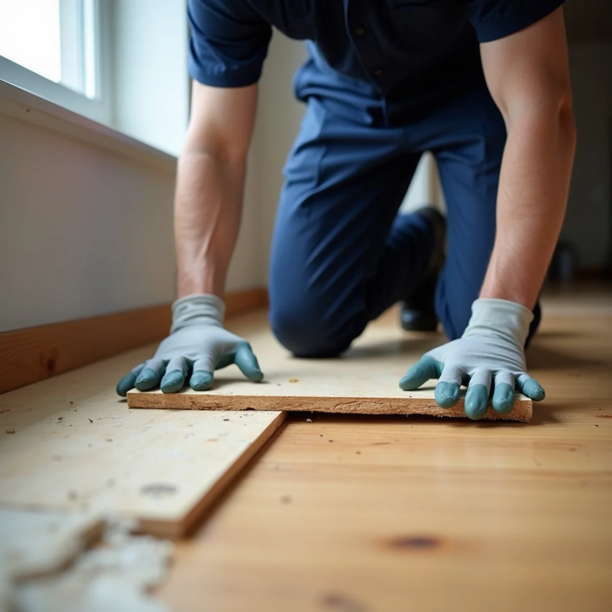 Technician checking a soft, delaminating subfloor beneath wet hardwood