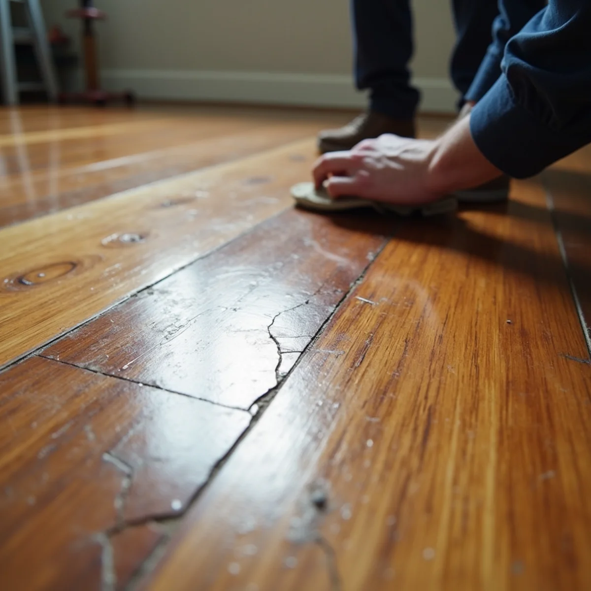 Hazy, cracked finish on a hardwood floor after moisture exposure