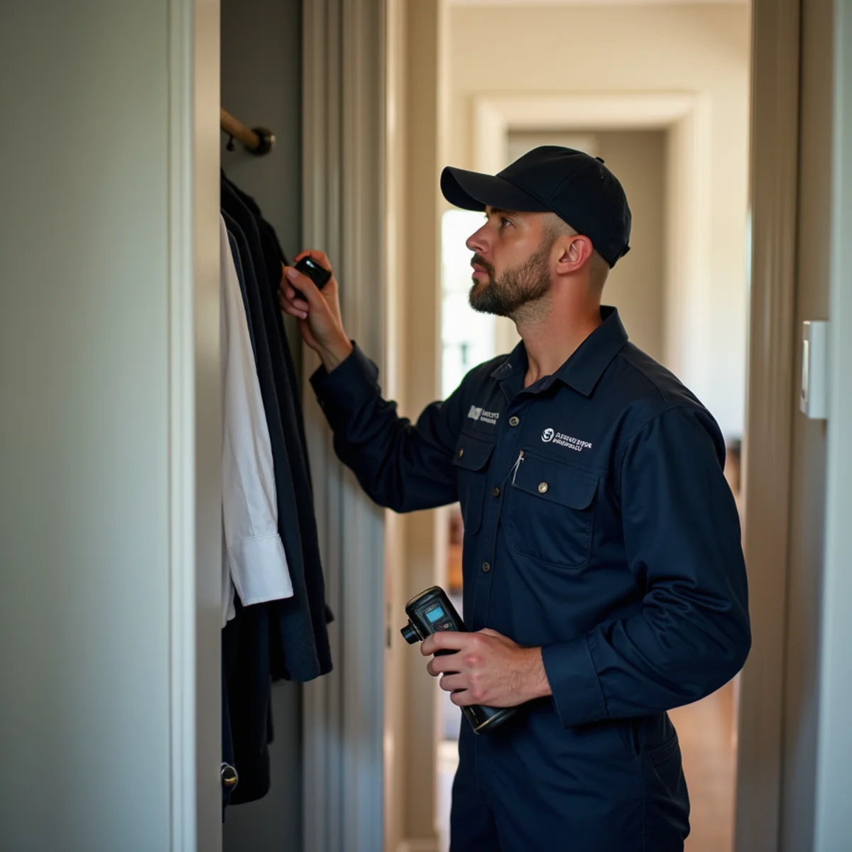 Technician tracing a musty odour to concealed moisture in a hallway closet