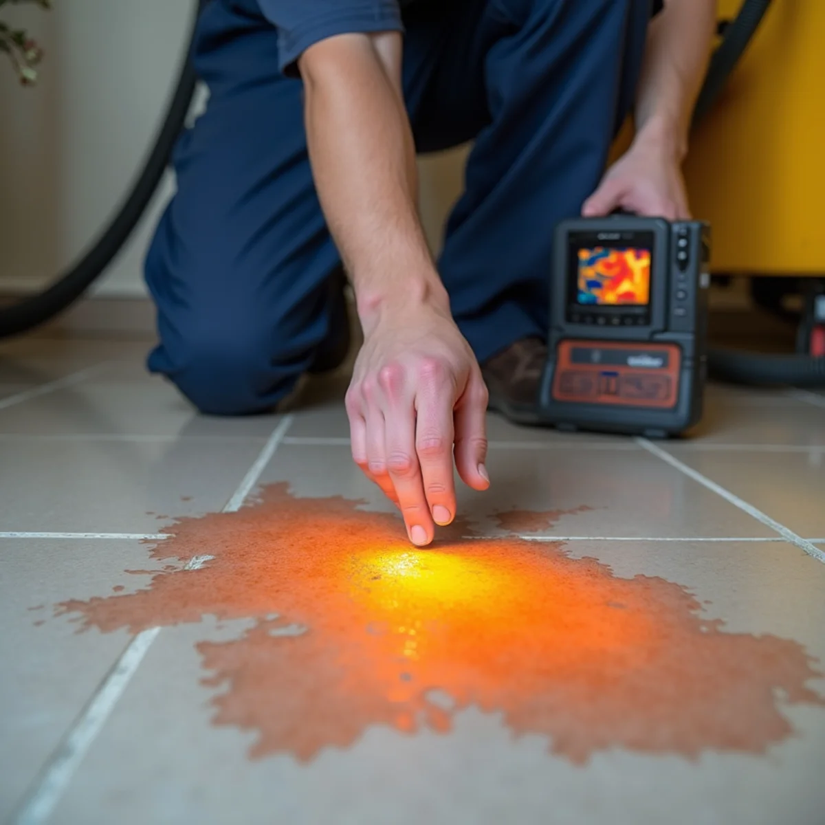 Warm patch on a tile floor indicating a slab leak in a Redwood City home
