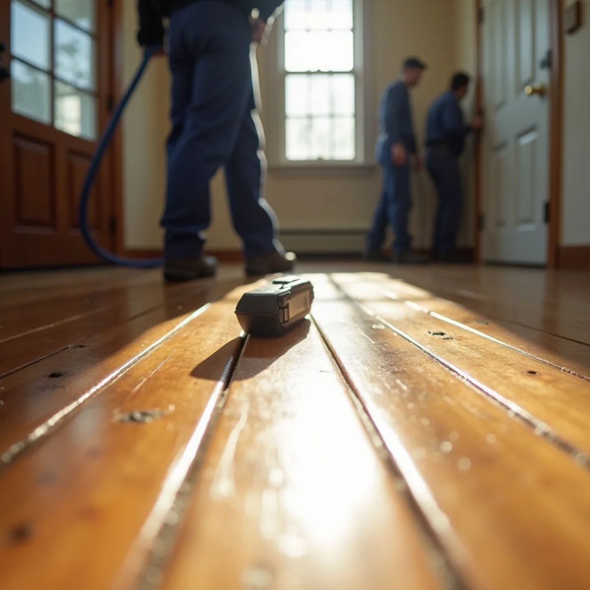 Cupped hardwood boards signalling moisture from below
