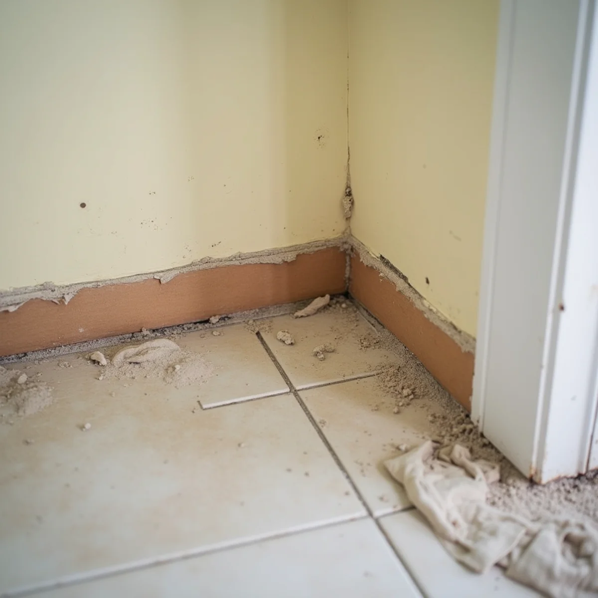 Swollen MDF baseboard and drywall nail pops from repeated wetting
