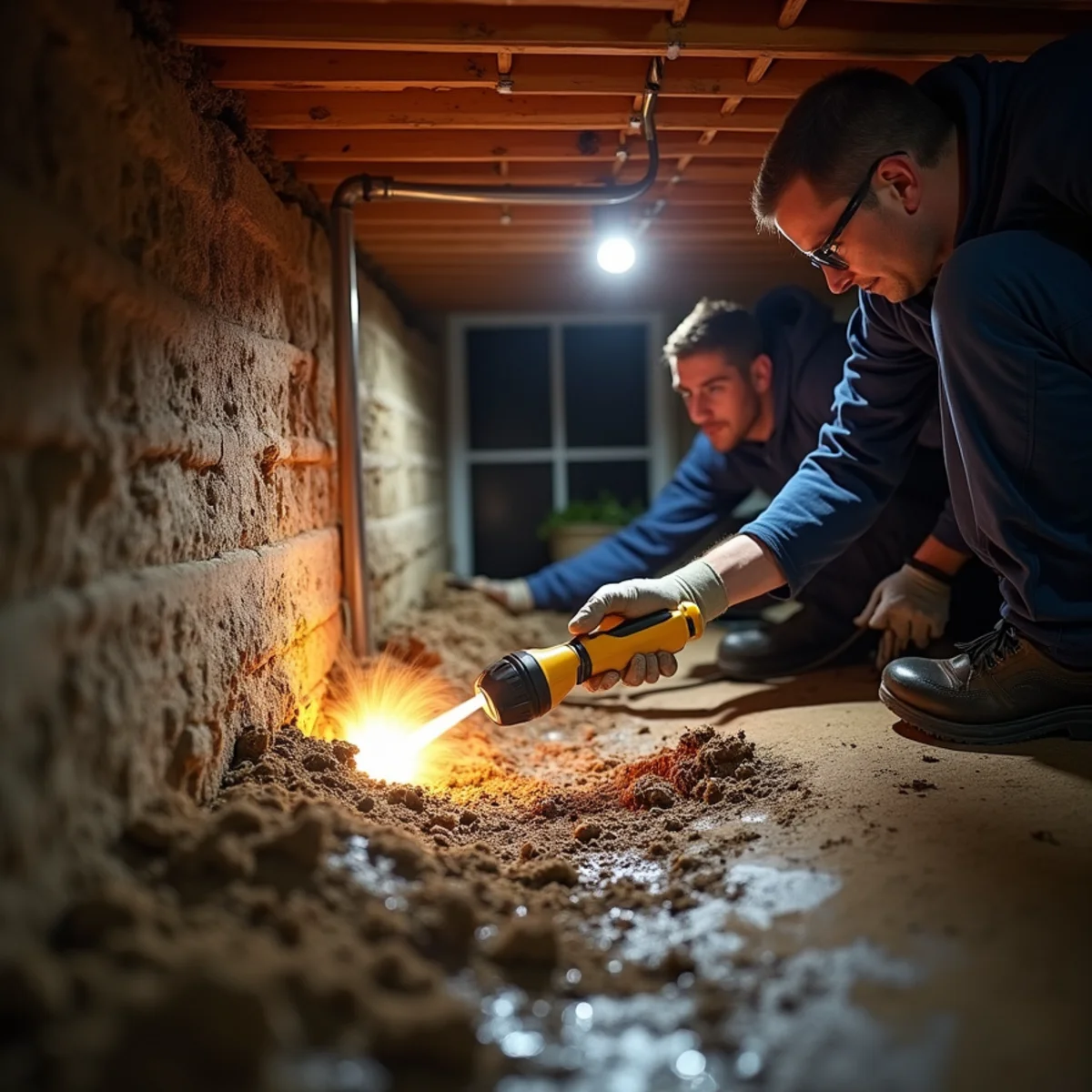 Flashlight inspection of a damp crawl space beneath a Redwood City home