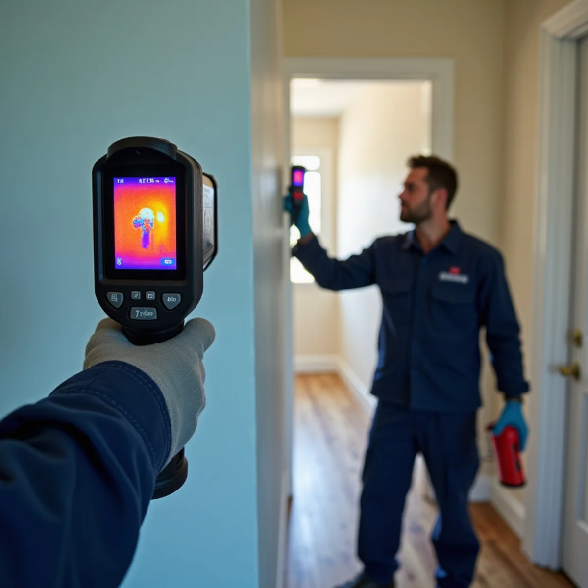 Thermal imaging camera revealing hidden moisture behind a wall in a Redwood City home