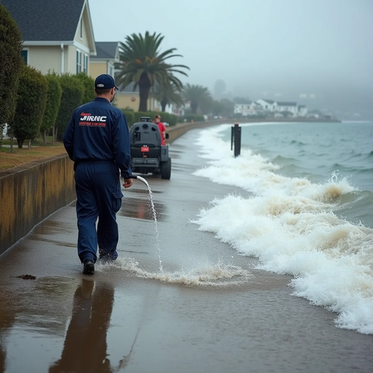 King tide pressing against a bayfront levee during a Peninsula storm