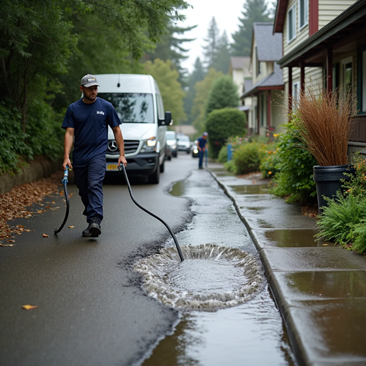 Runoff sheeting off a wooded hillside street toward homes below