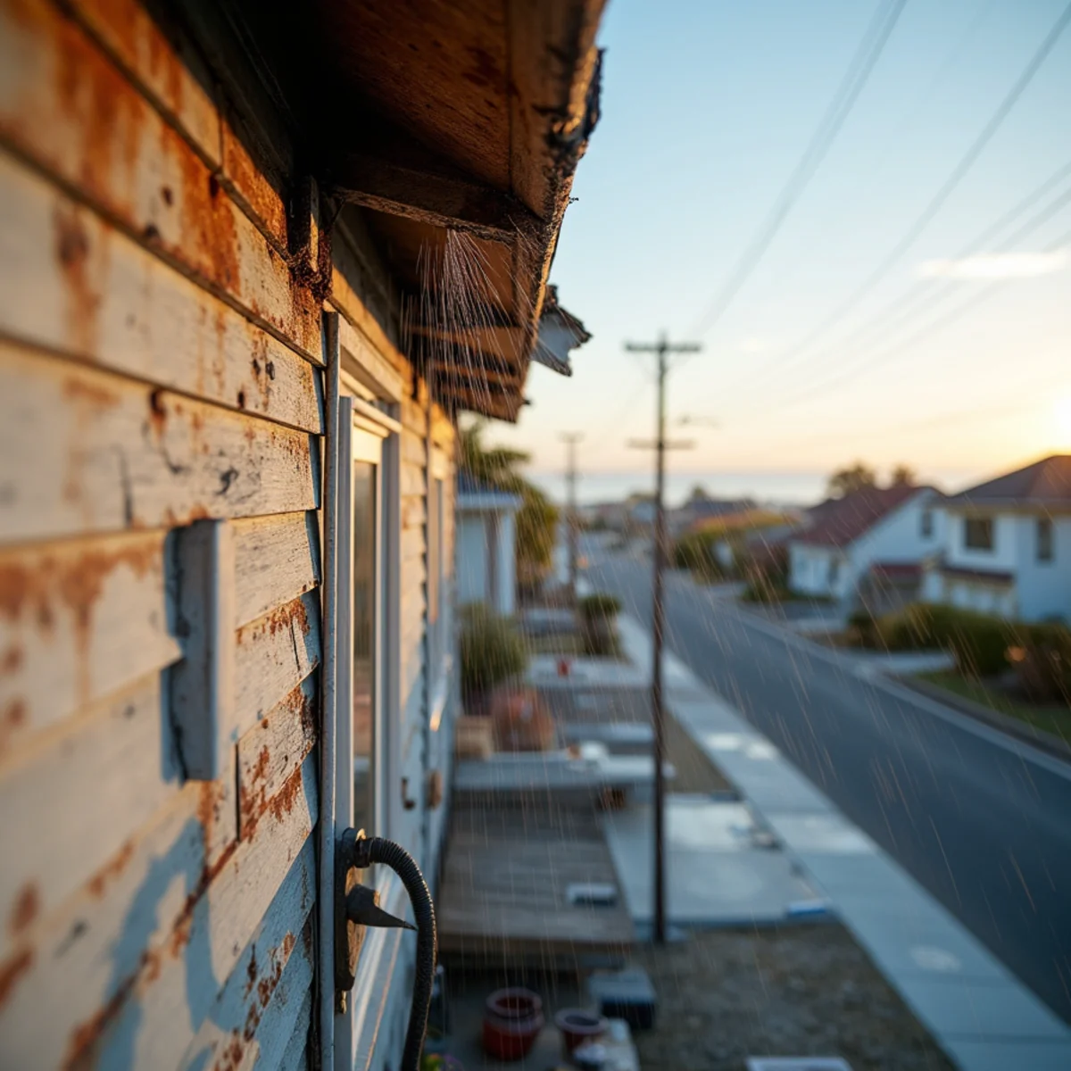 Wind-driven rain hitting a coastal home with corroded roof flashing