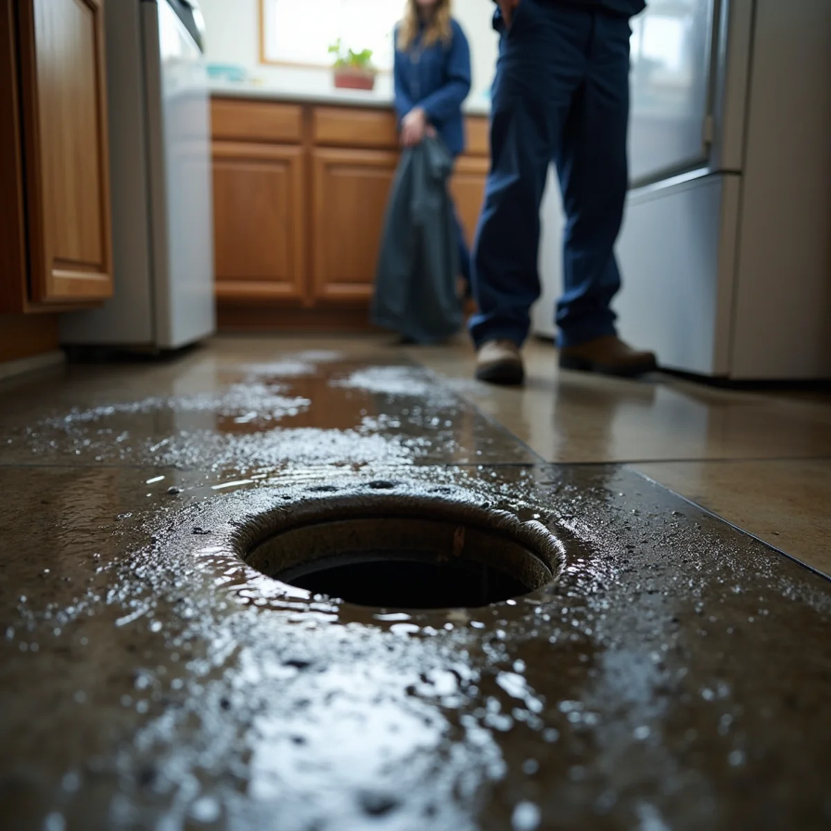 Storm inflow backing up through a floor drain in an older flats home