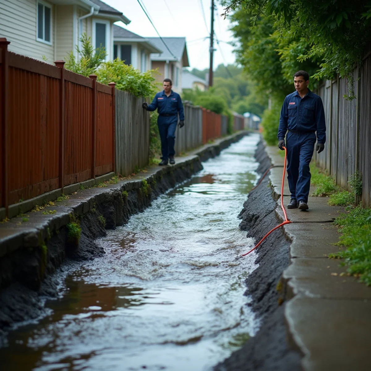 Redwood Creek channel running high past a Redwood City neighbourhood