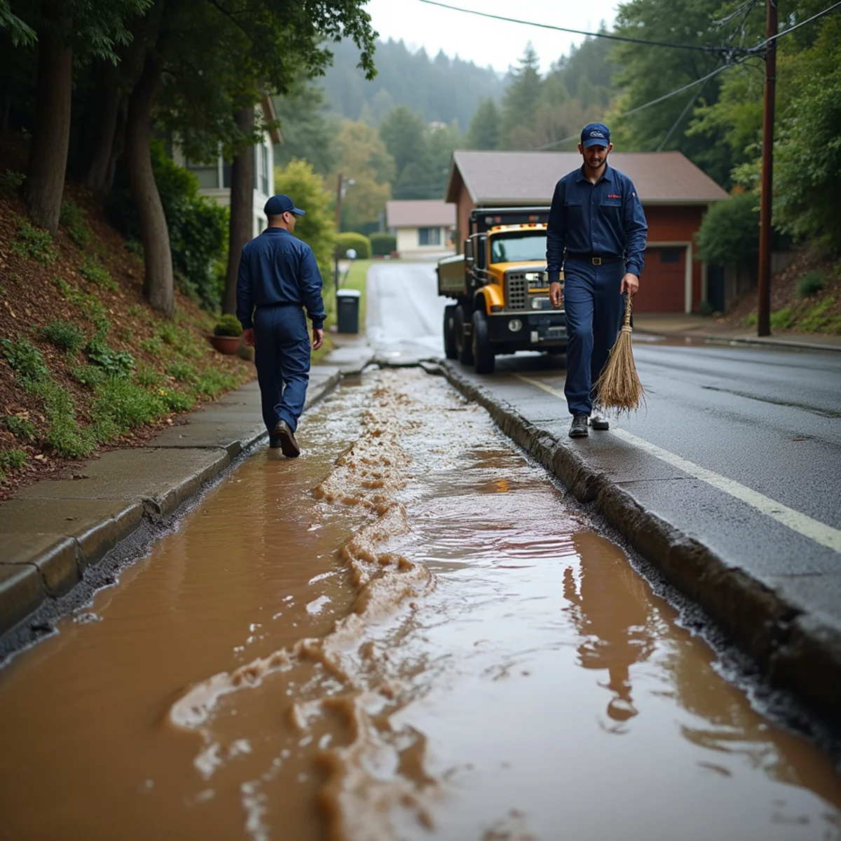 Storm runoff sheeting down a Farm Hill driveway toward a garage