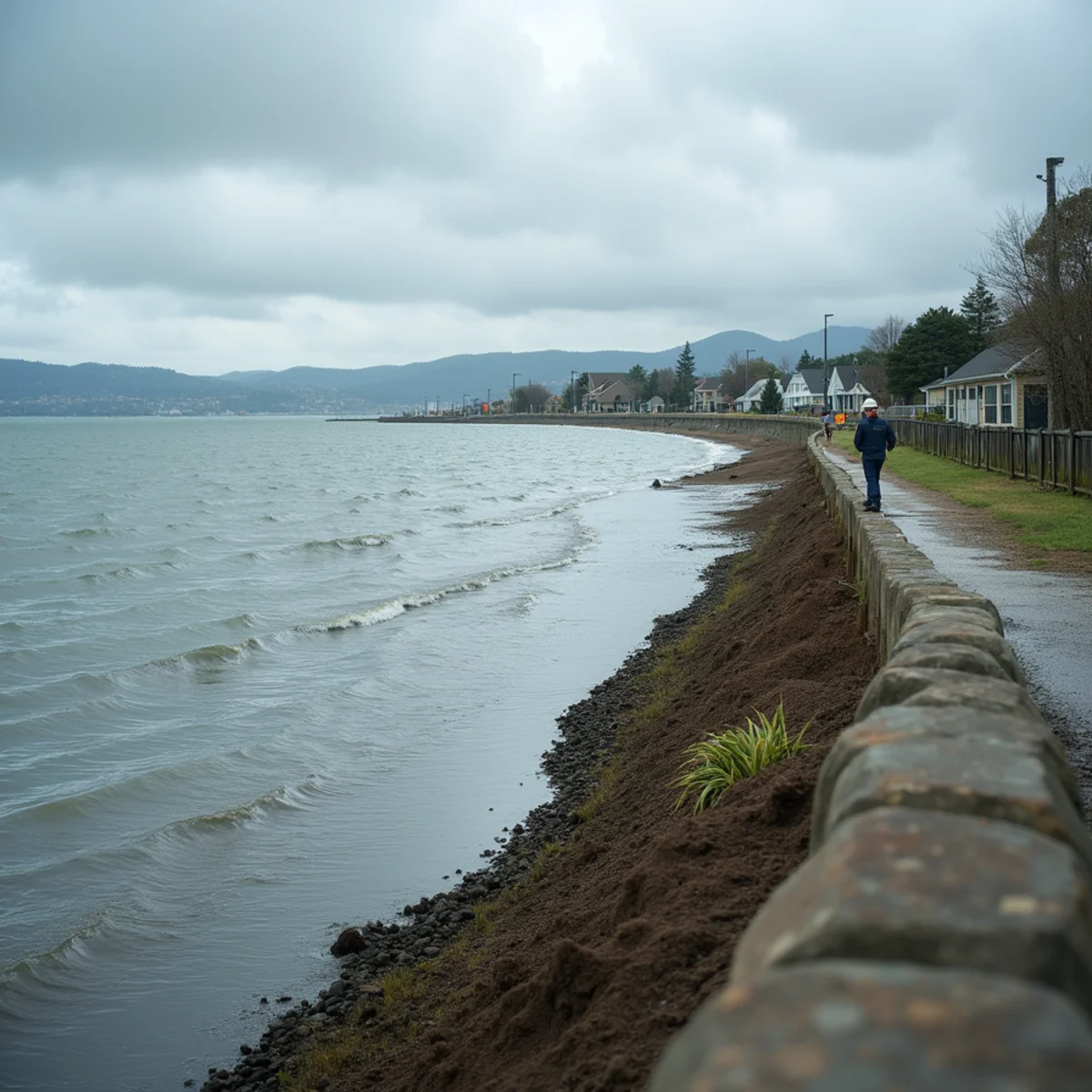Bayfront levee and lagoon in Redwood City illustrating local flood risk