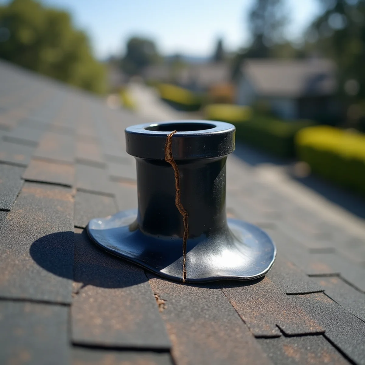 Cracked rubber plumbing vent boot on a Peninsula composition shingle roof