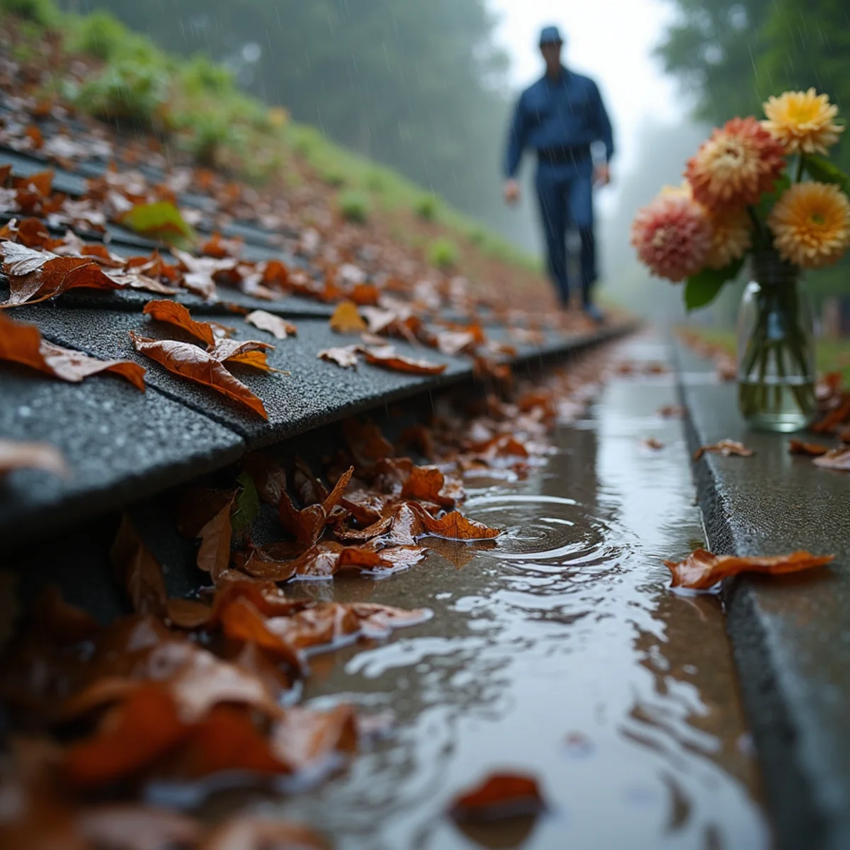 Roof valley packed with oak leaf litter causing water to back up