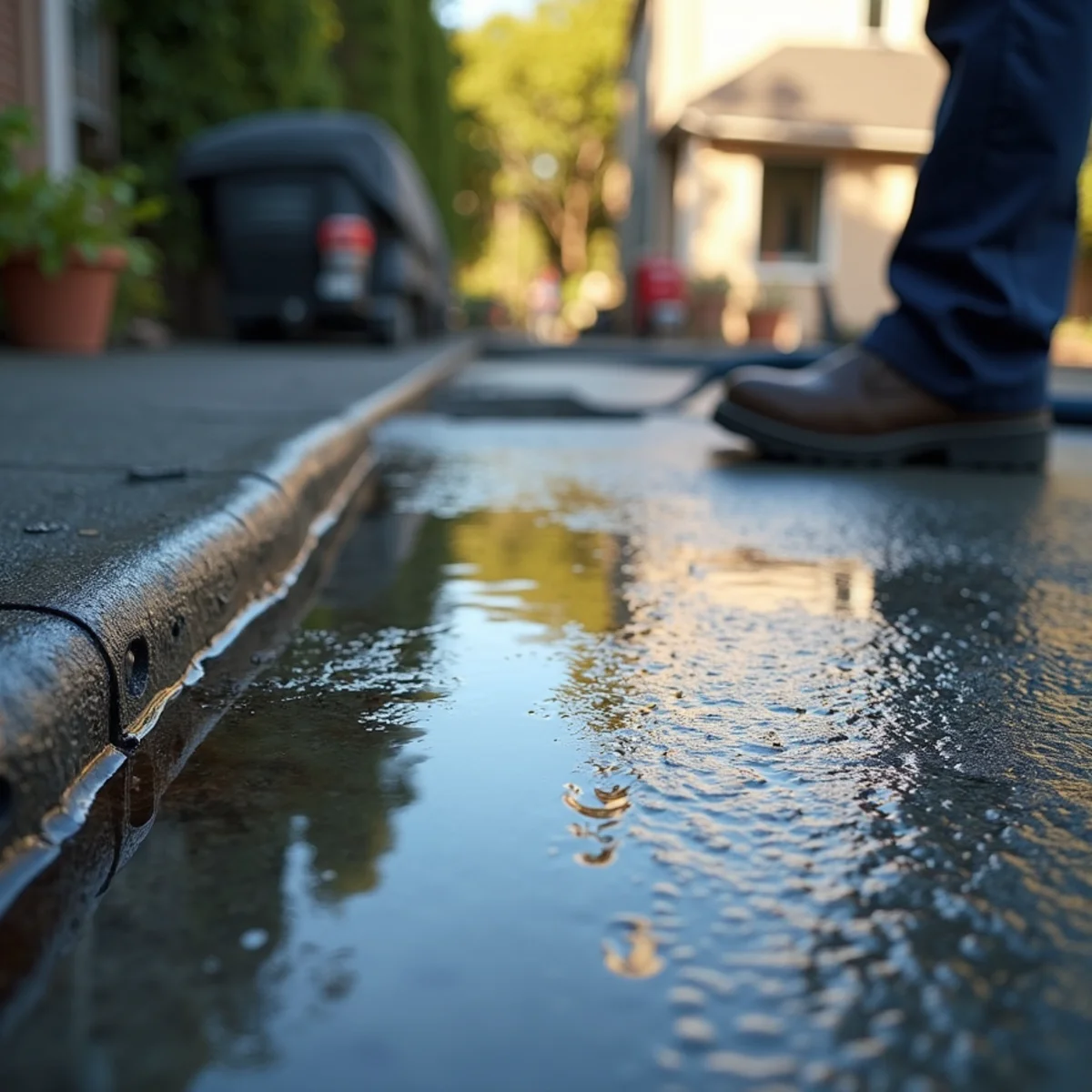 Ponding water on a low-slope patio roof section after heavy rain
