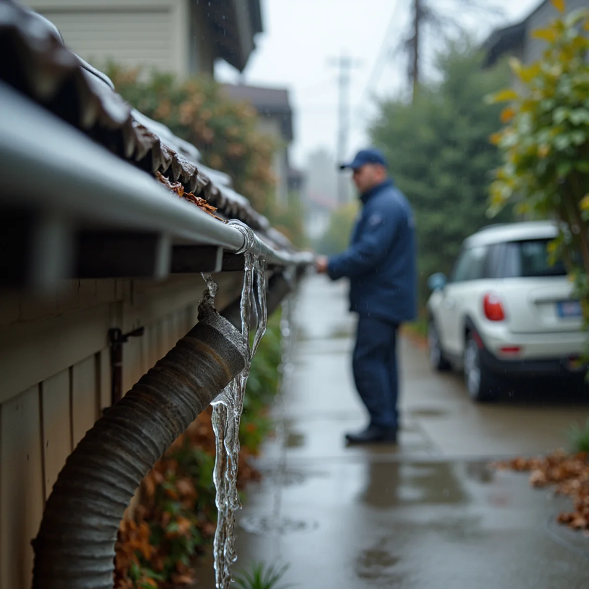 Overflowing gutter spilling water down the fascia of a Redwood City home