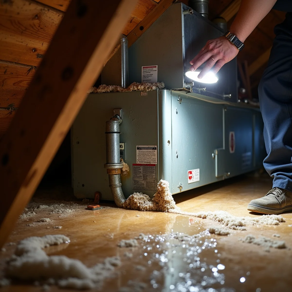 Overflowing condensate pan under an attic air handler