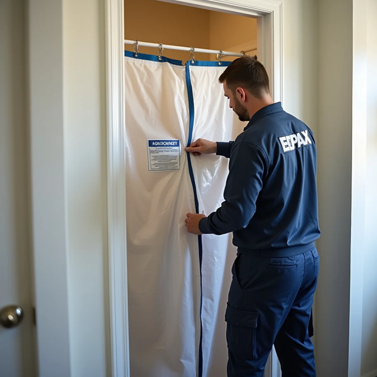 Containment barrier sealing a bathroom doorway during sewage cleanup