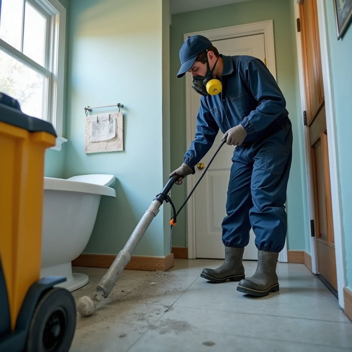 Technician in full PPE extracting waste water after a sewage backup