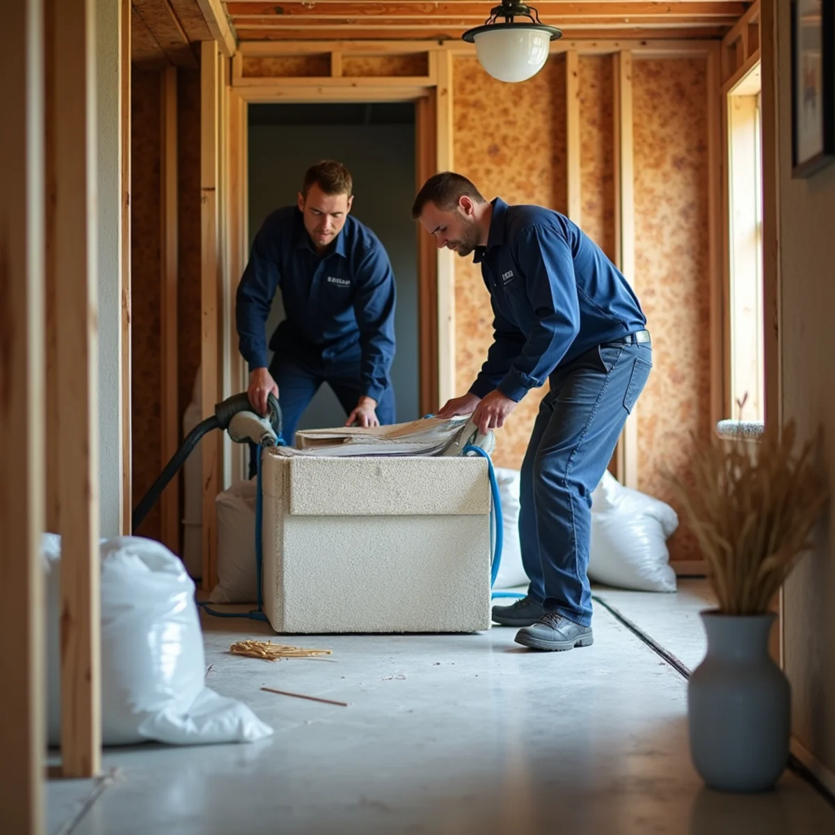 Contaminated carpet and drywall bagged for disposal inside containment