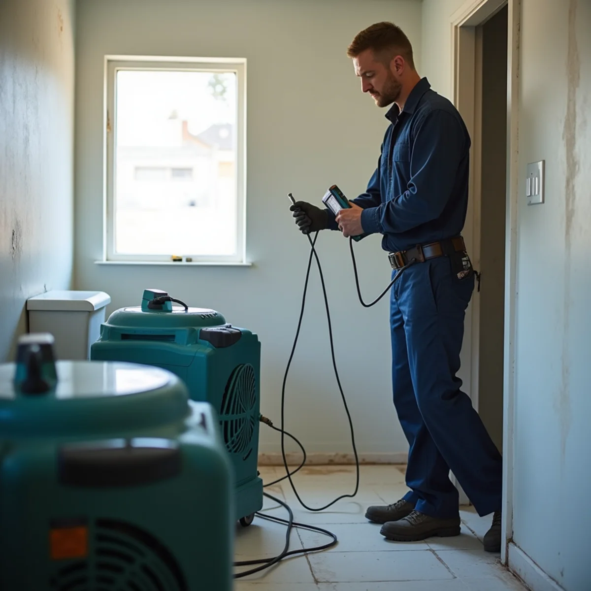 Air movers and dehumidifier drying a sanitised bathroom in Redwood City