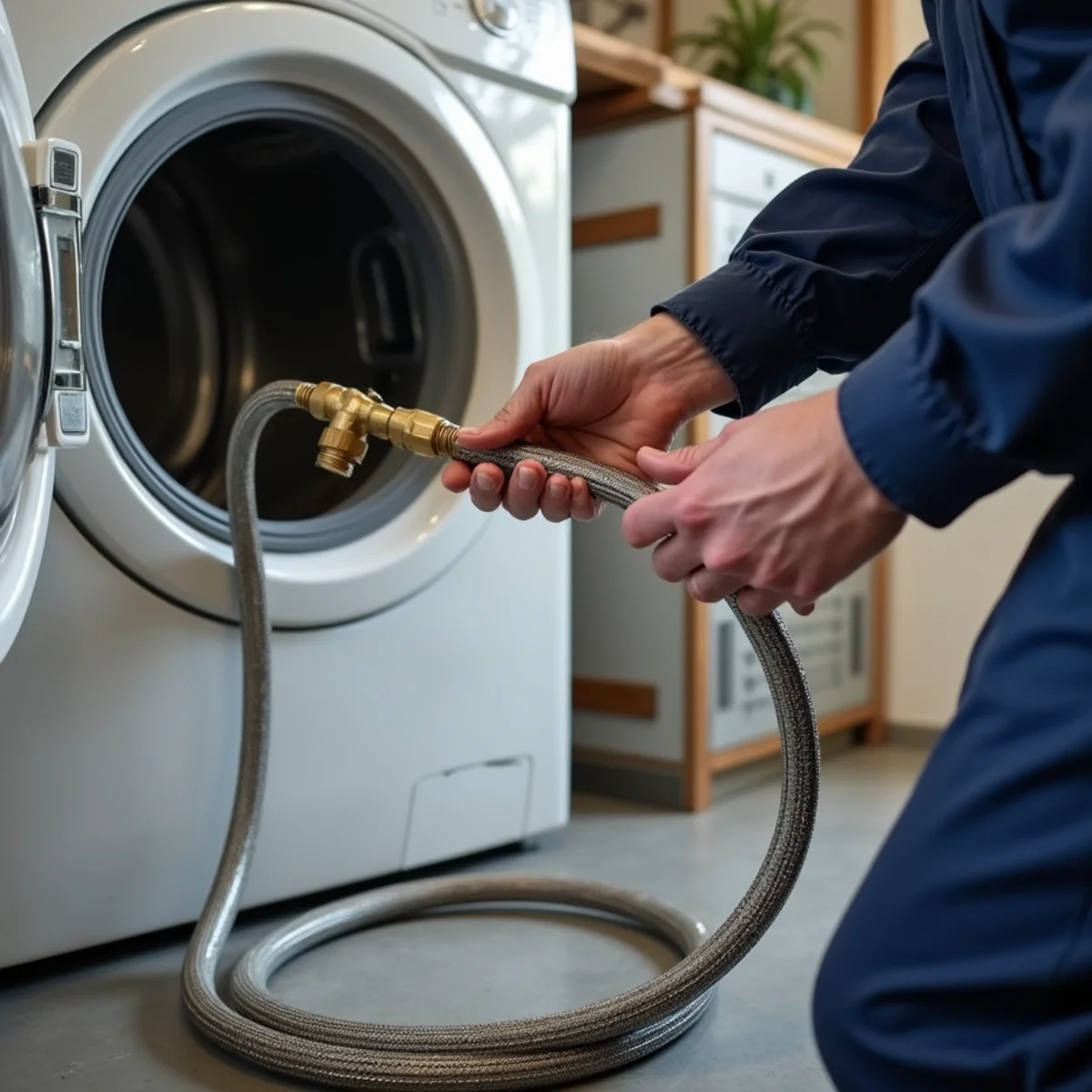New braided stainless steel washing machine supply hoses fitted in a garage laundry