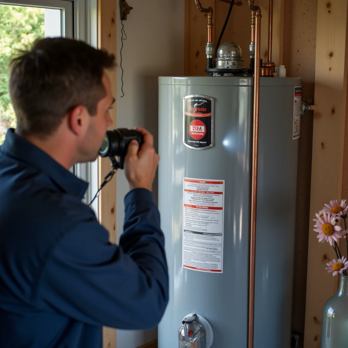 Checking the manufacture date label on a garage water heater