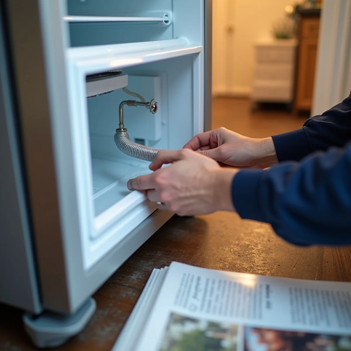 Braided ice-maker supply line being fitted behind a refrigerator