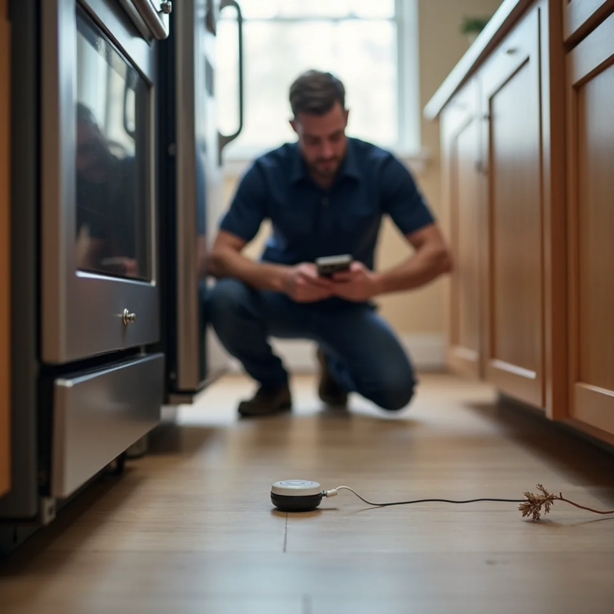 Wifi water leak sensor placed under a dishwasher in a Redwood City kitchen