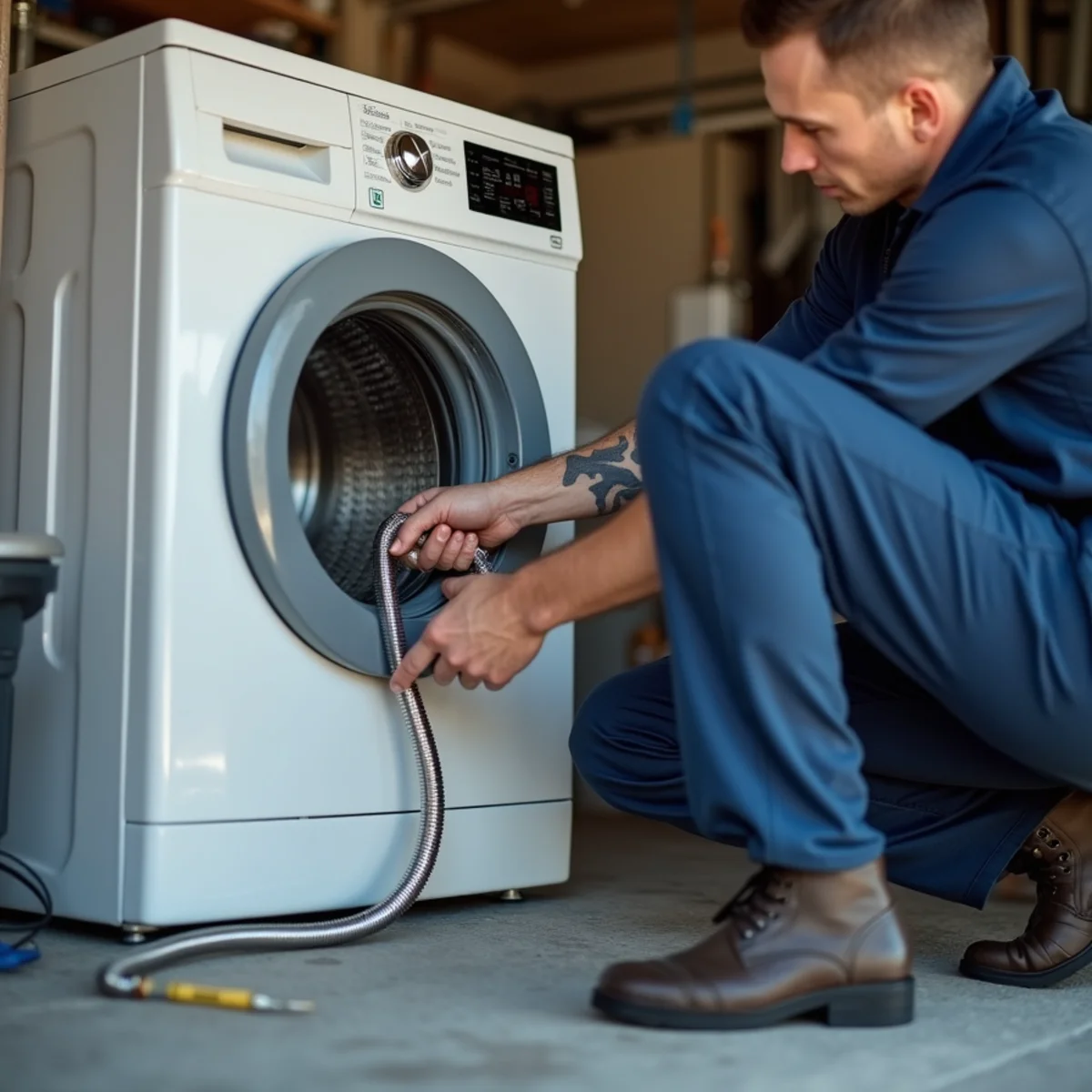 Homeowner checking a braided stainless steel washing machine supply hose to prevent water damage