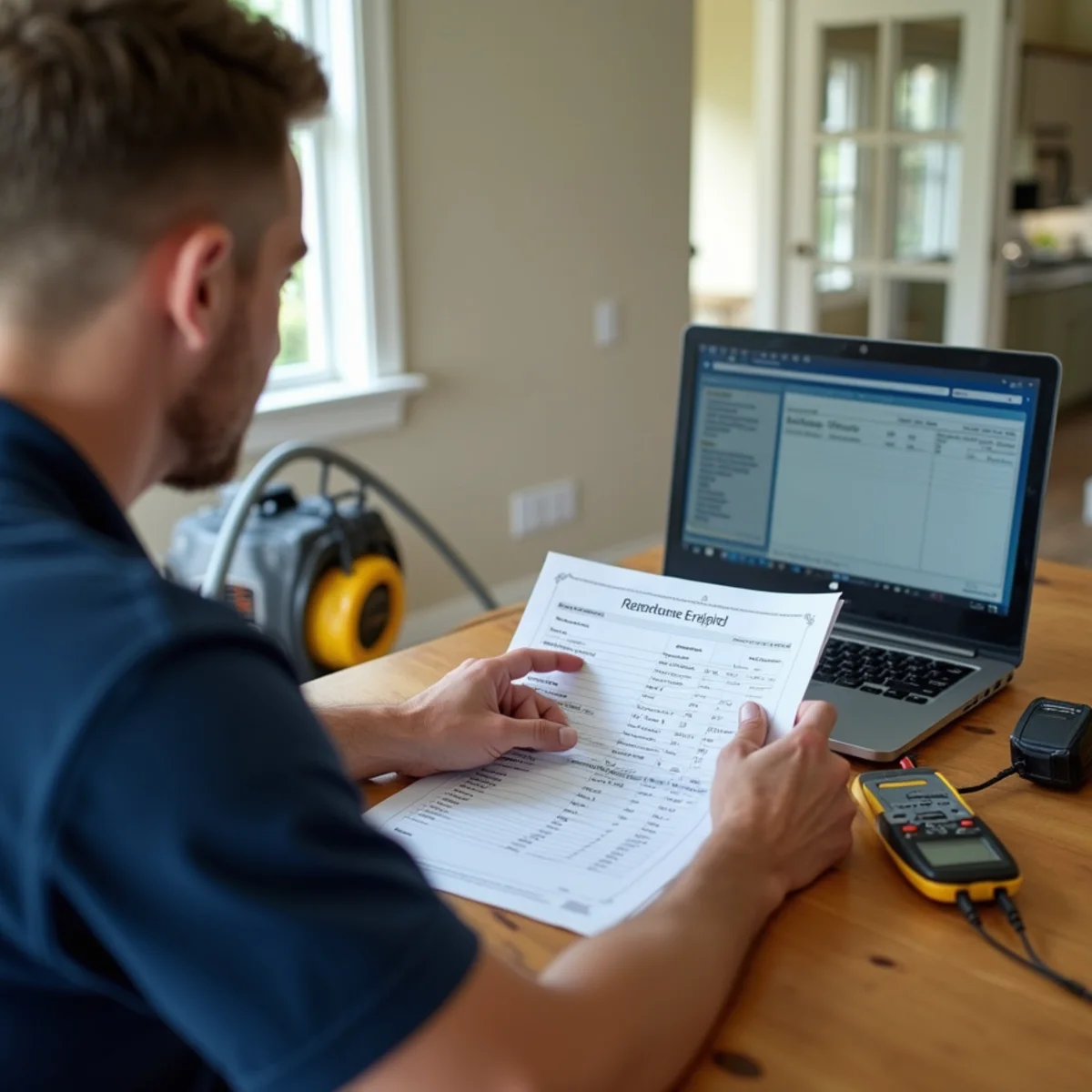 Restoration estimator documenting moisture readings for a water damage cost estimate in Redwood City