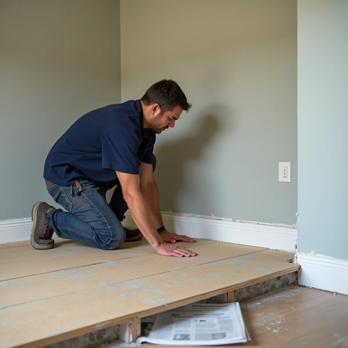 Drywall, trim and flooring being reinstalled during reconstruction