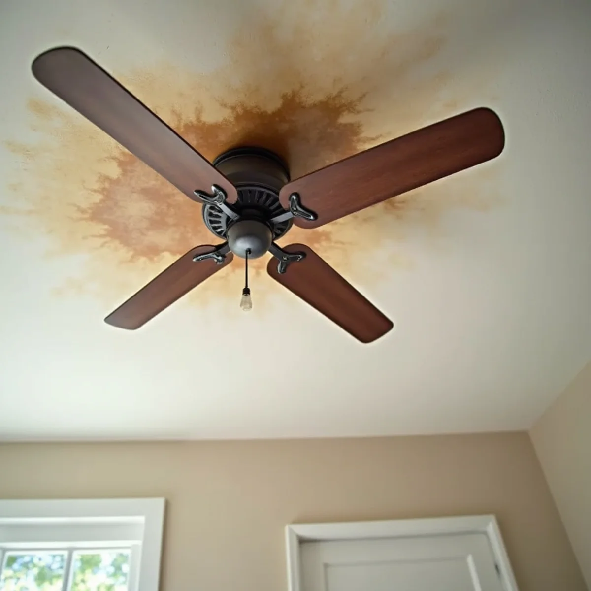 Water-stained ceiling with the fan switched off in a Redwood City room
