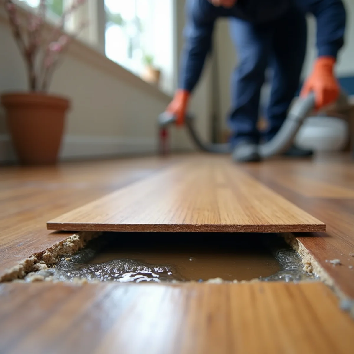 Floating floor lifted to reveal trapped water beneath in a Redwood City home